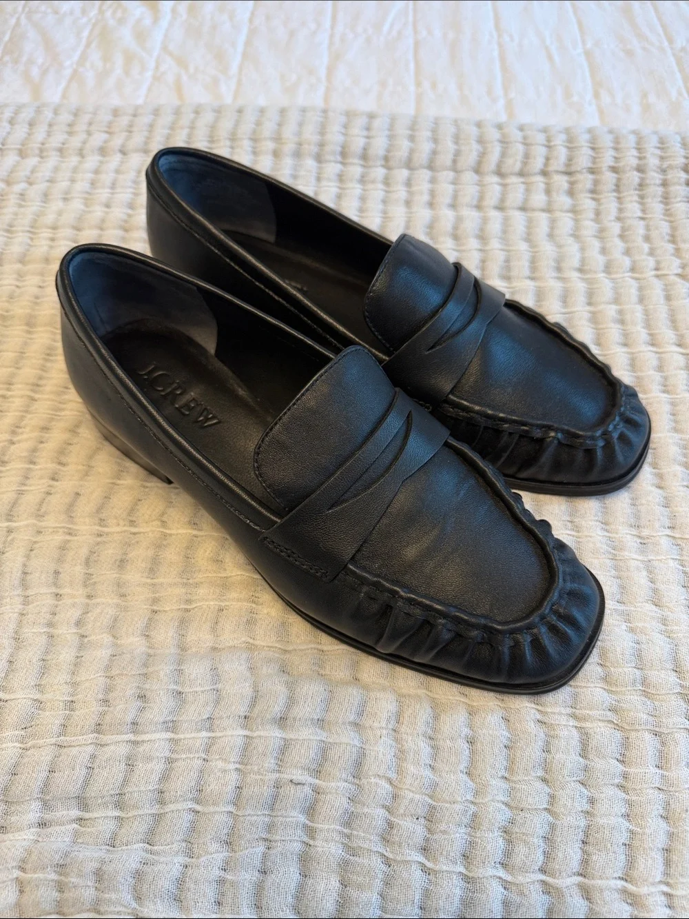 J. Crew Black Leather Scrunch Penny Loafers